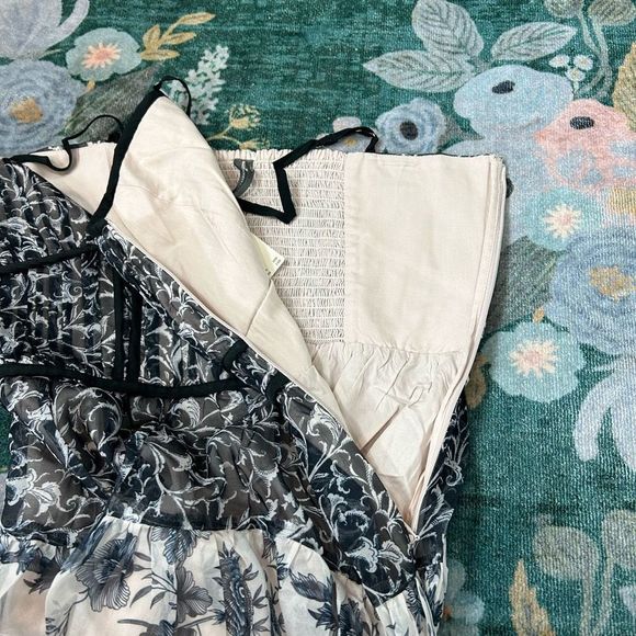 👗Anthropologie Floral Ruched Bodice Maxi Dress XL NWT Black White V-Neck Halter - Picture 11 of 15